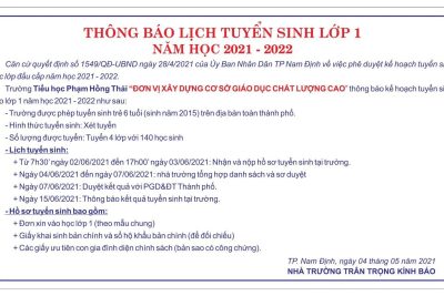 THÔNG BÁO TUYỂN SINH LỚP 1 NĂM HỌC 2021 – 2022 – TRƯỜNG TIỂU HỌC PHẠM HỒNG THÁI – NƠI CHẮP CÁNH NHỮNG ƯỚC MƠ VÀ SỰ SÁNG TẠO