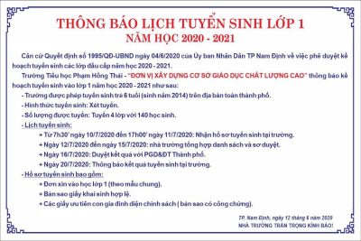 THÔNG BÁO TUYỂN SINH LỚP 1 NĂM HỌC 2020 – 2021 – TRƯỜNG TIỂU HỌC PHẠM HỒNG THÁI – NƠI CHẮP CÁNH NHỮNG ƯỚC MƠ VÀ SỰ SÁNG TẠO